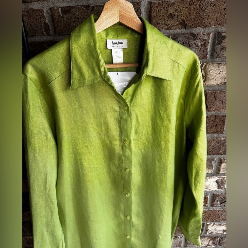 Neiman Marcus Exclusive Size L 100% Linen Green Shimmer Tunic Shirt NWOT - Picture 2 of 13